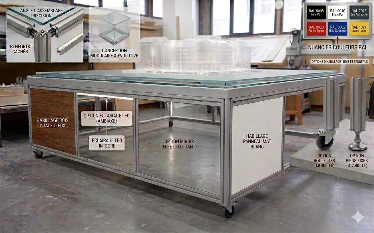 Châssis aluminium sur-mesure pour maquettes et exposition - Options de personnalisation