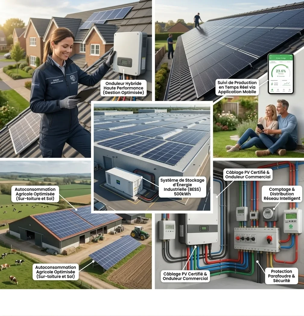 Processus d'installation photovoltaïque SHILAT BATINOVA : panneaux DMEGC, micro-onduleurs Enphase, suivi temps réel, stockage batteries, protection parafoudre
